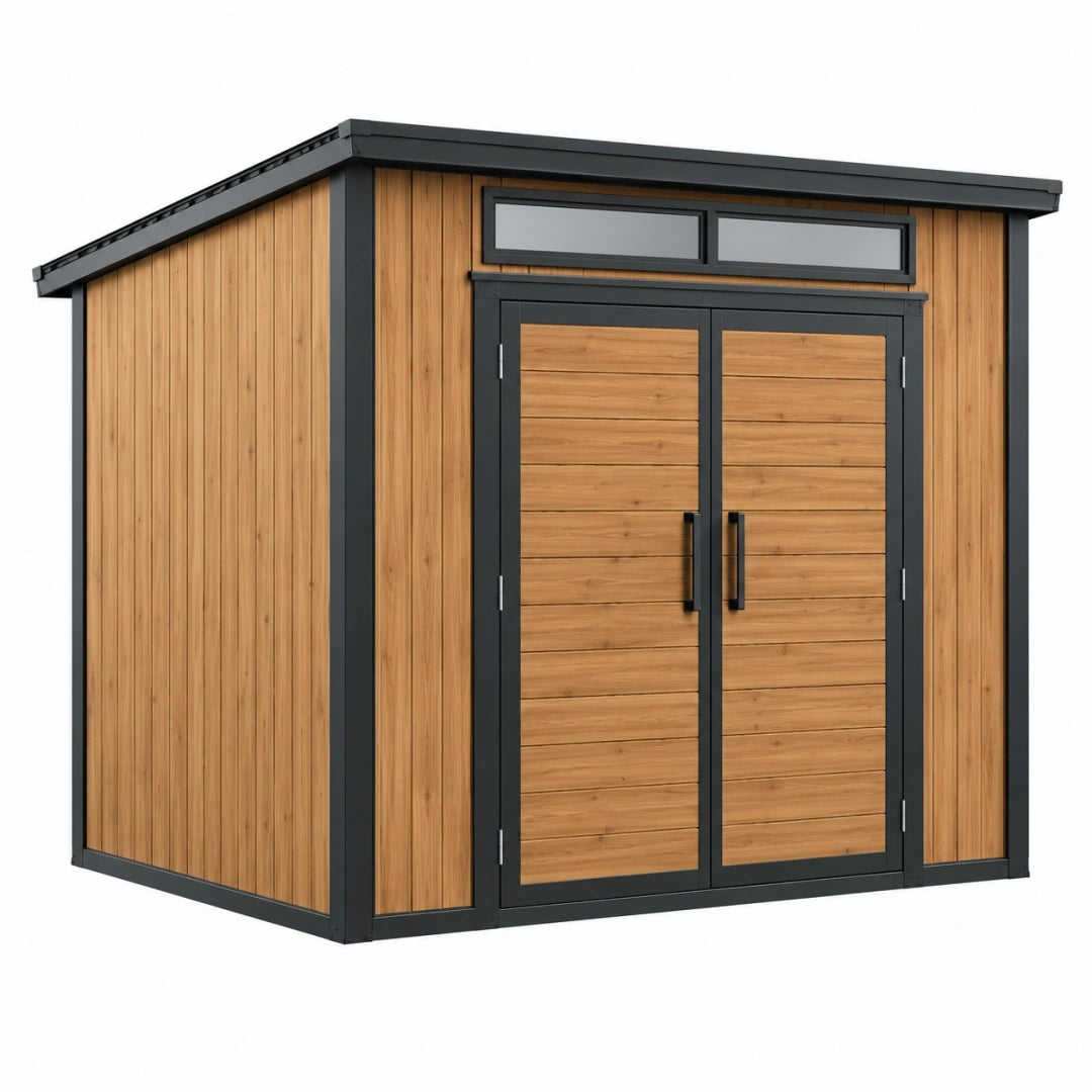 Abri de jardin 300 x 200 x 220 cm en bois marron et métal noir à double porte