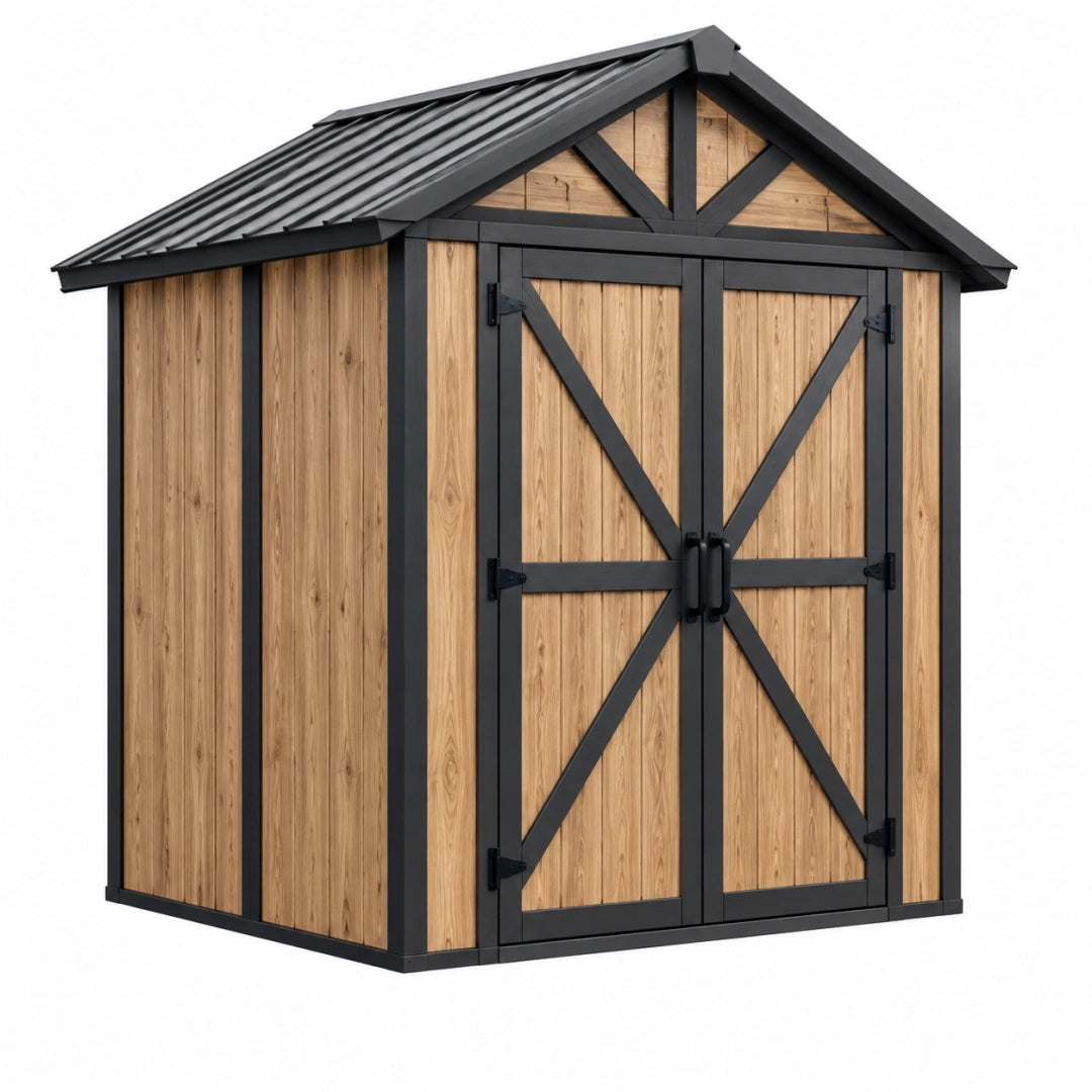 Abri de jardin 200 x 150 x 220 cm en bois naturel et métal noir style rustique