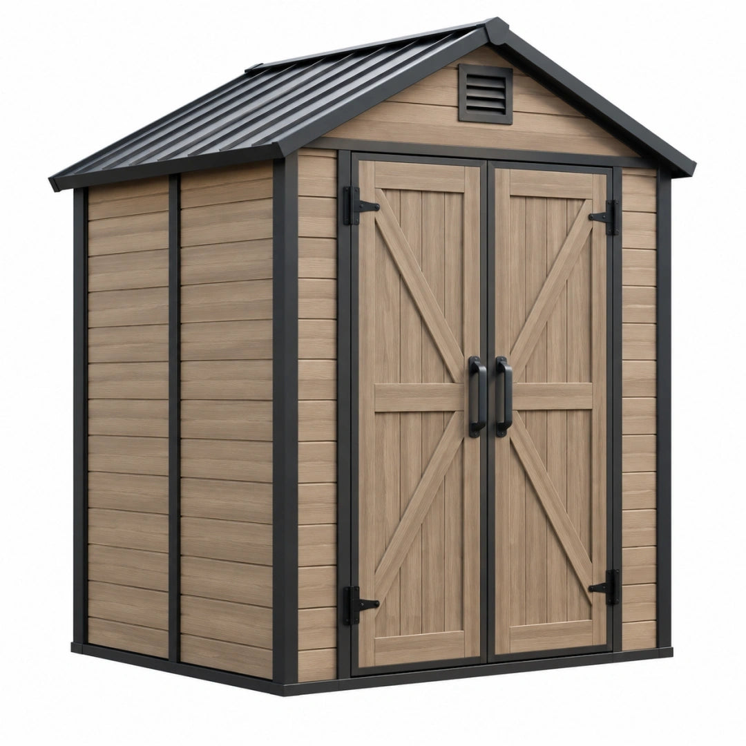 Abri de jardin 180 x 120 x 200 cm en métal aspect bois beige et noir à double porte style chalet