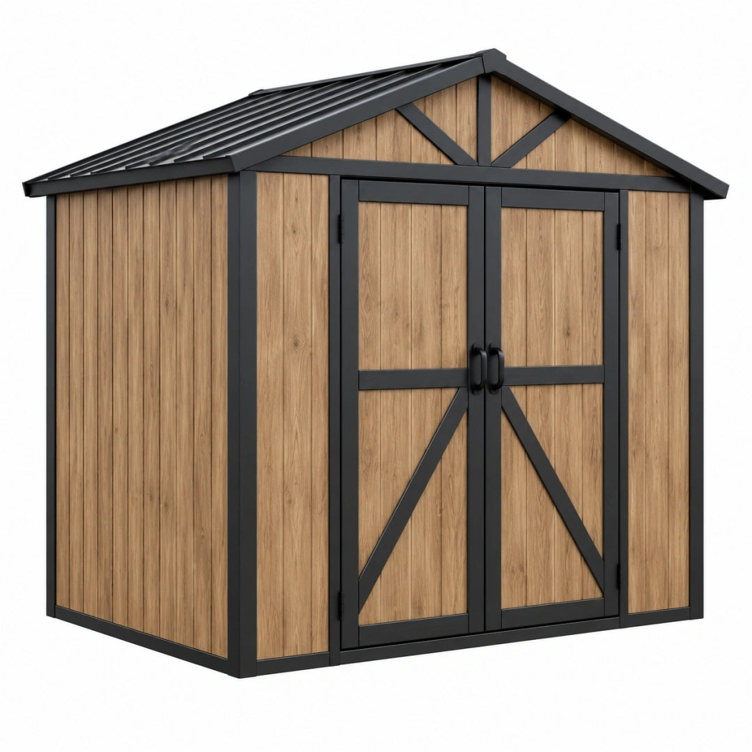 Abri de jardin 300 x 200 x 220 cm en bois naturel et métal noir style chalet à double porte