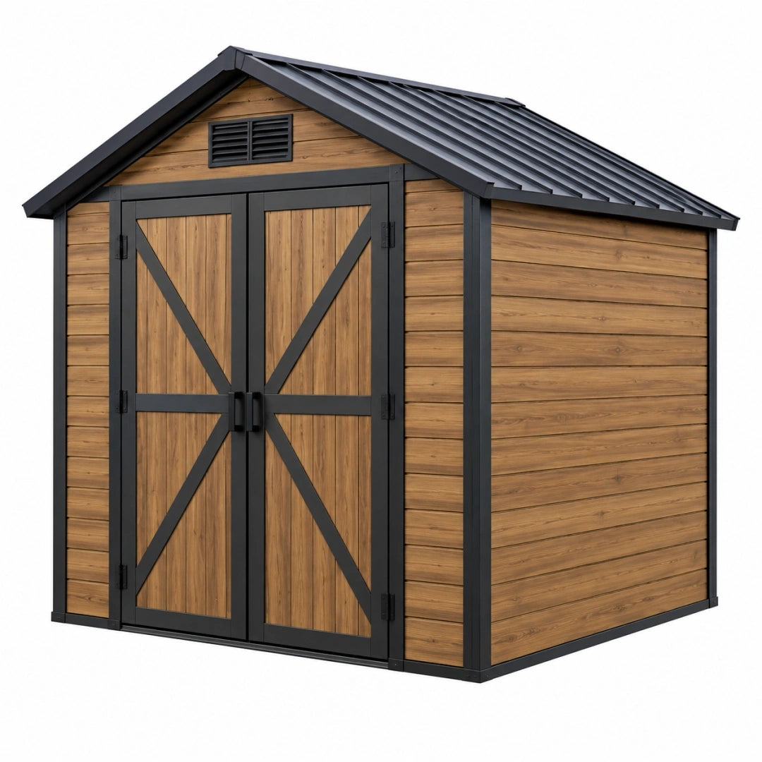 Abri de jardin 210 x 150 x 210 cm en bois marron et métal noir avec portes doubles