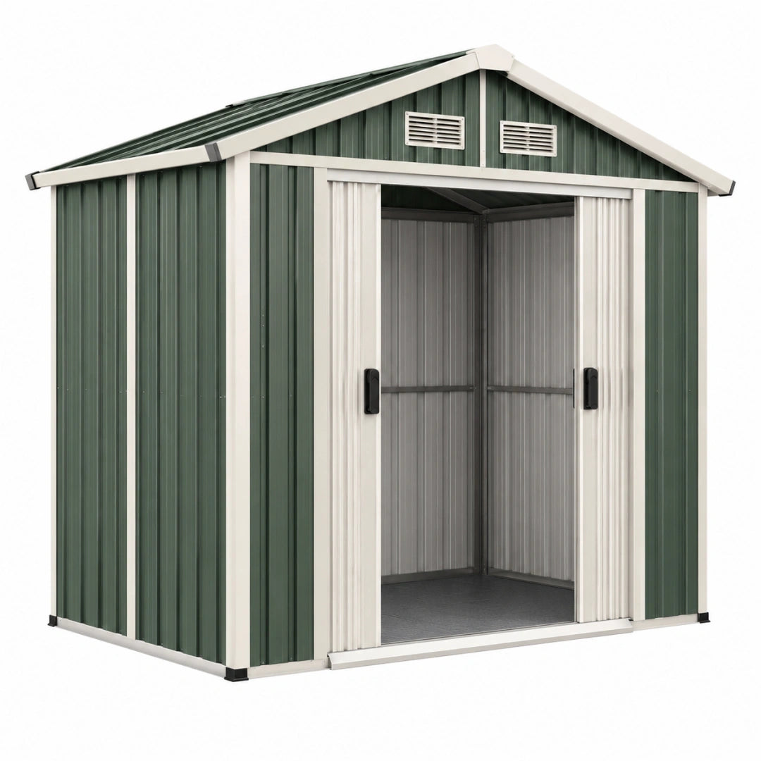 Abri de jardin 213 x 130 x 185 cm en acier vert et blanc avec portes coulissantes