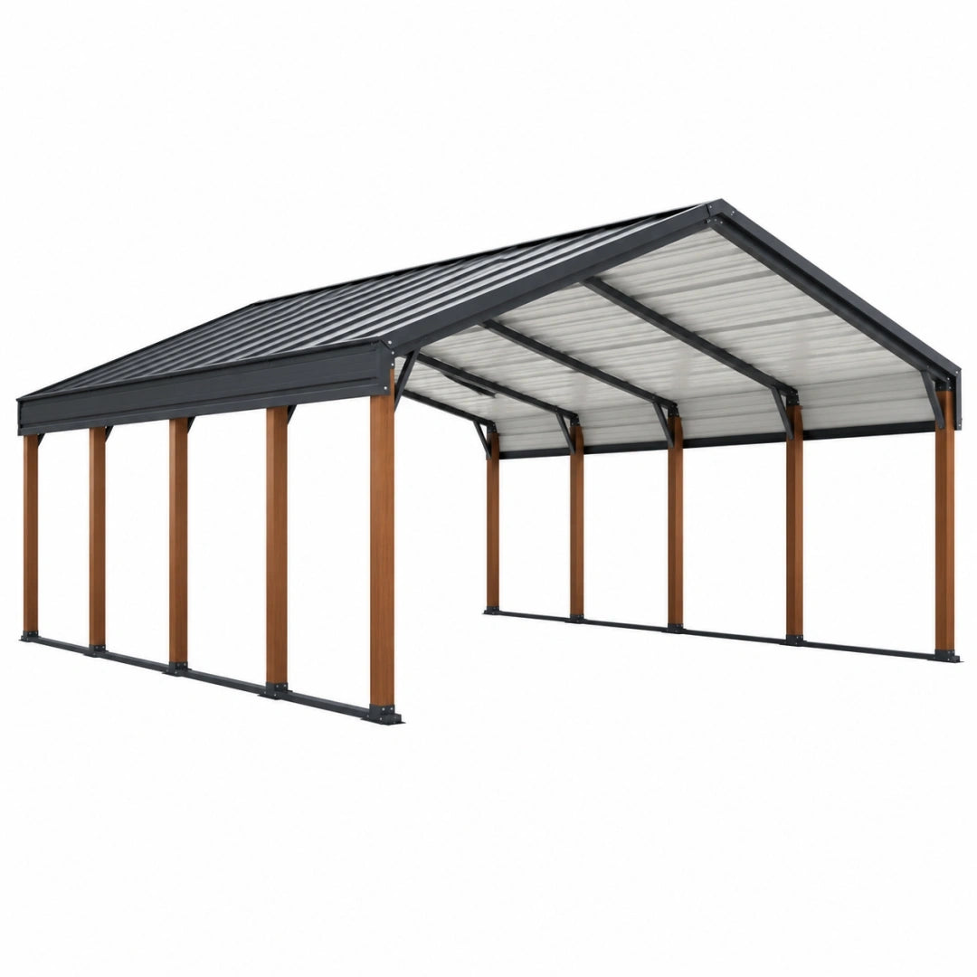 Carport 600 x 300 x 270 cm en acier noir et brun avec toit incliné pour extérieur