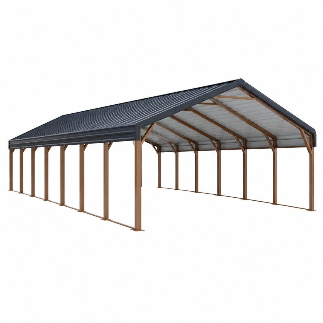 Abri voiture 600 x 600 x 300 cm en acier marron avec toit à double pente