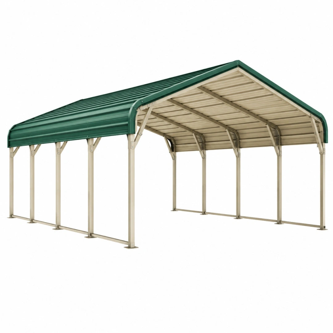 Abri voiture 600 x 300 x 270 cm acier vert et beige toit incliné extérieur