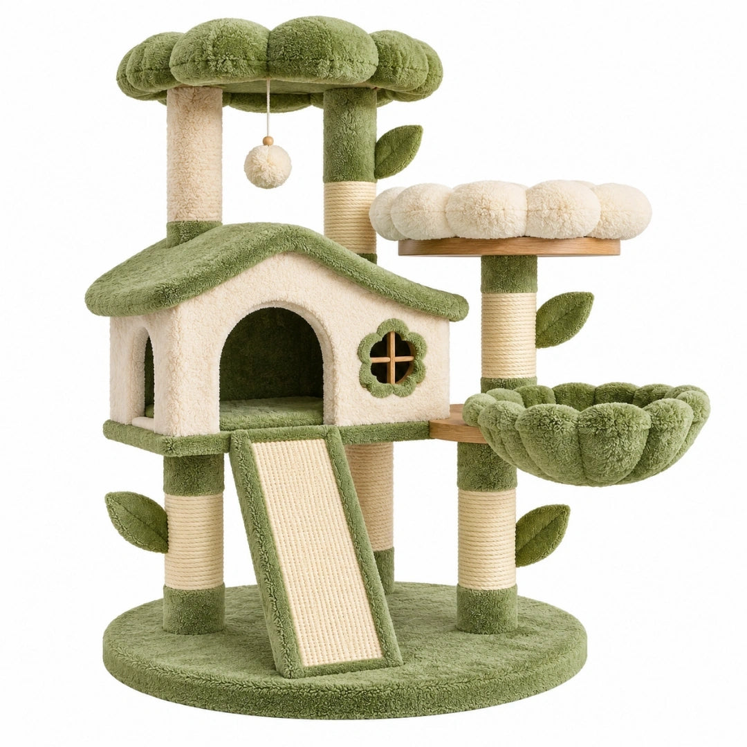 Arbre à chat 60 x 60 x 110 cm vert crème en peluche avec griffoirs et niche