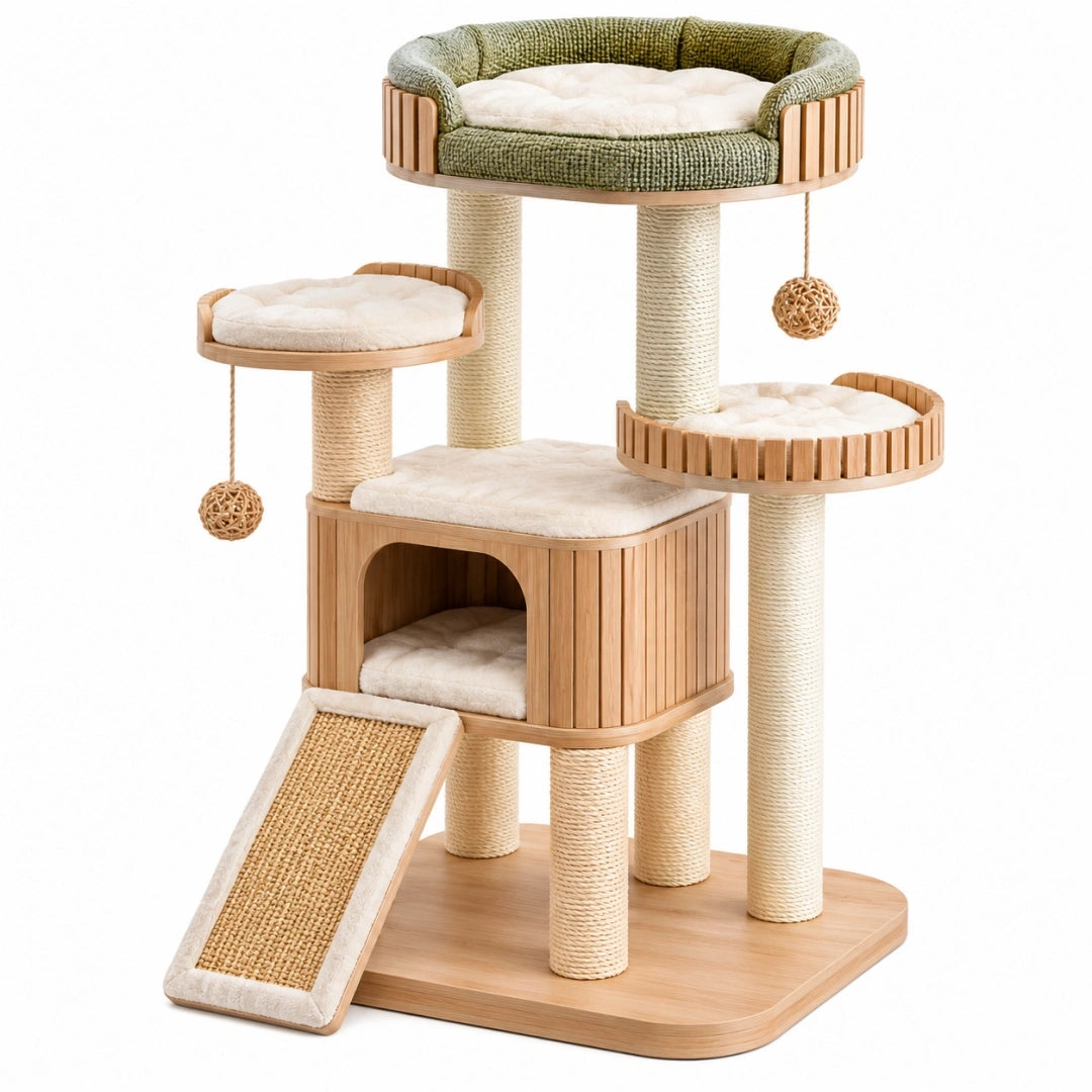 Arbre à chat 60 x 60 x 145 cm en bois beige et vert avec griffoirs et niches