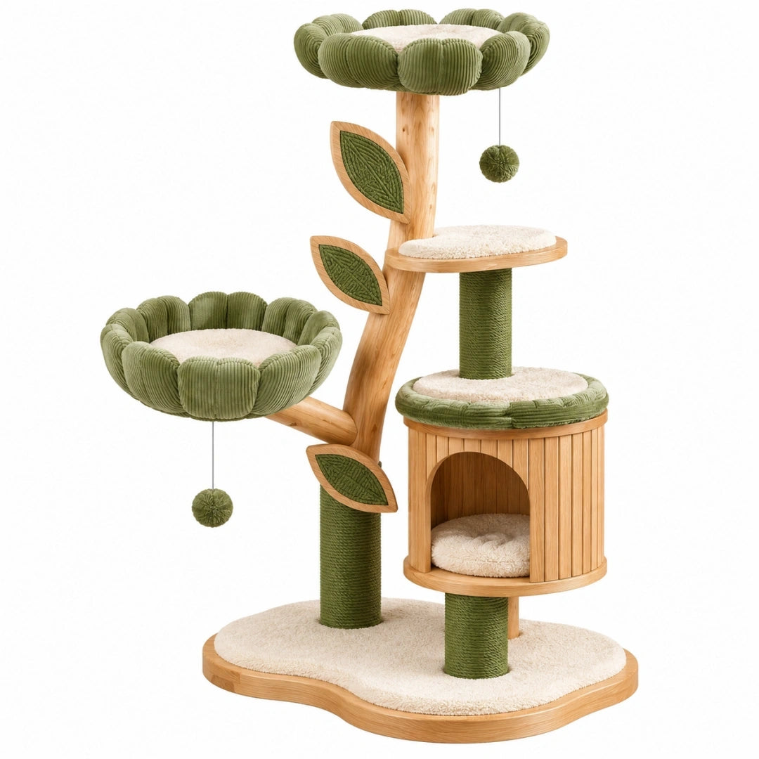 Arbre à chat 80 x 60 x 150 cm en bois vert avec plateformes griffoirs et niche