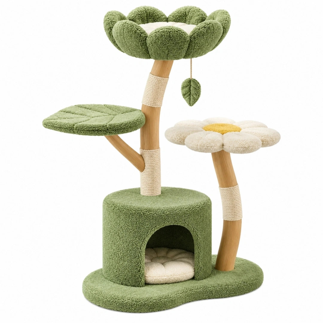 Arbre à chat 60 x 45 x 120 cm vert en bois et tissu bouclette avec griffoirs et niche