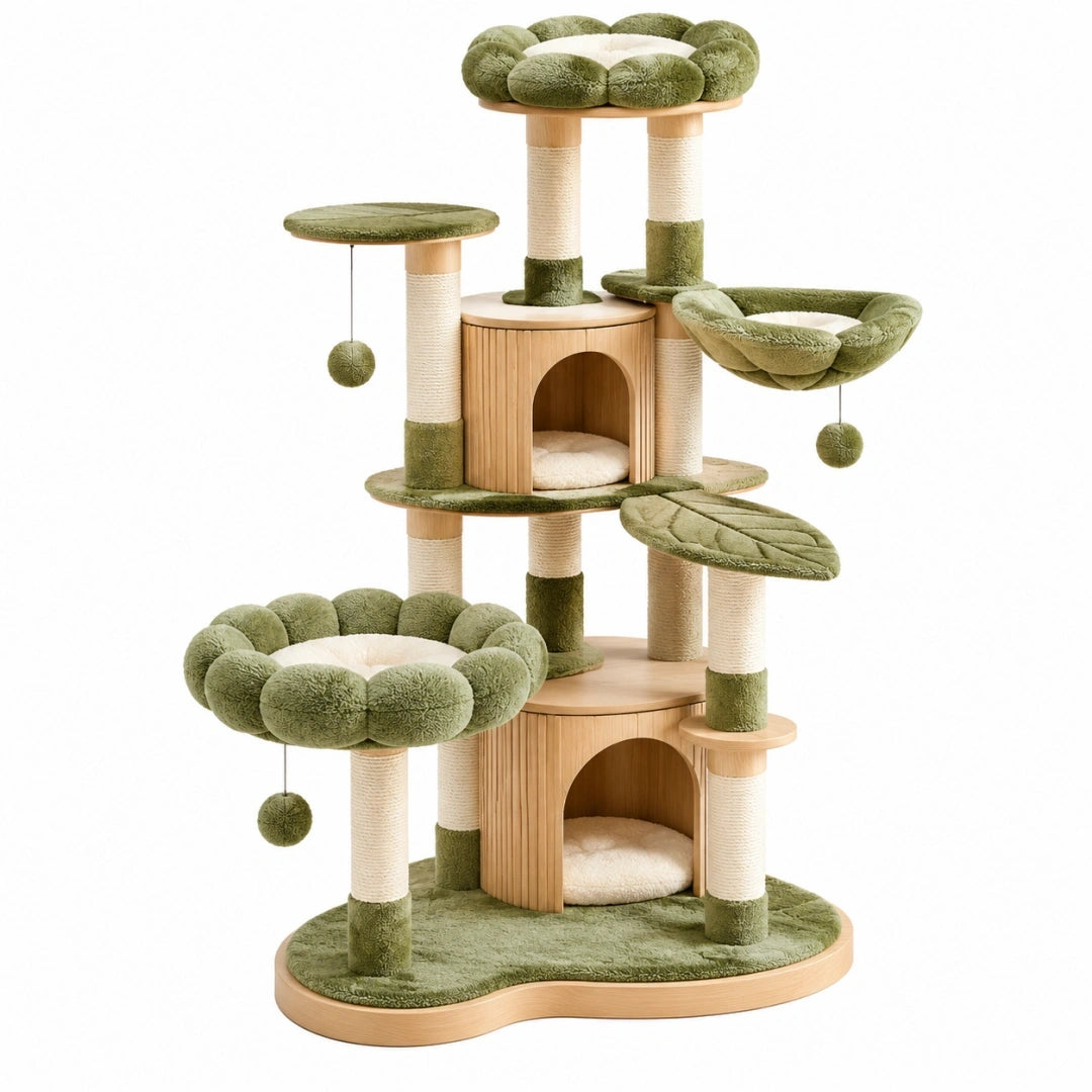 Arbre à chat 70 x 50 x 170 cm en bois beige et vert avec griffoirs et niches