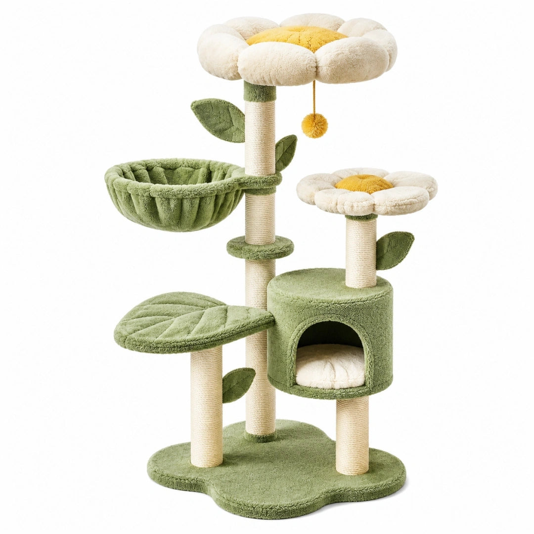 Arbre à chat 60 x 50 x 145 cm en sisal vert blanc jaune avec niches plateformes et griffoirs