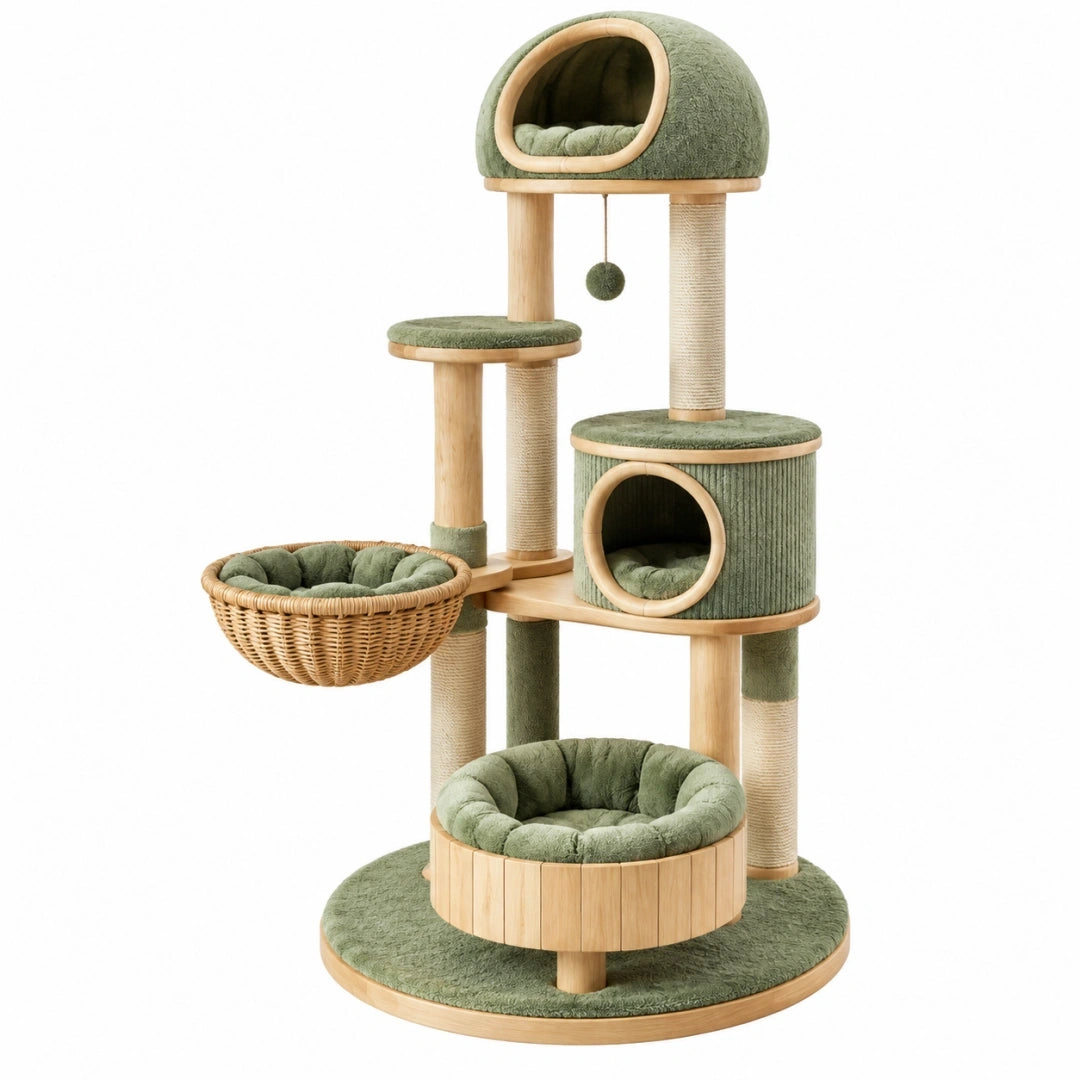 Arbre à chat 60 x 60 x 150 cm en bois vert avec niches et griffoirs