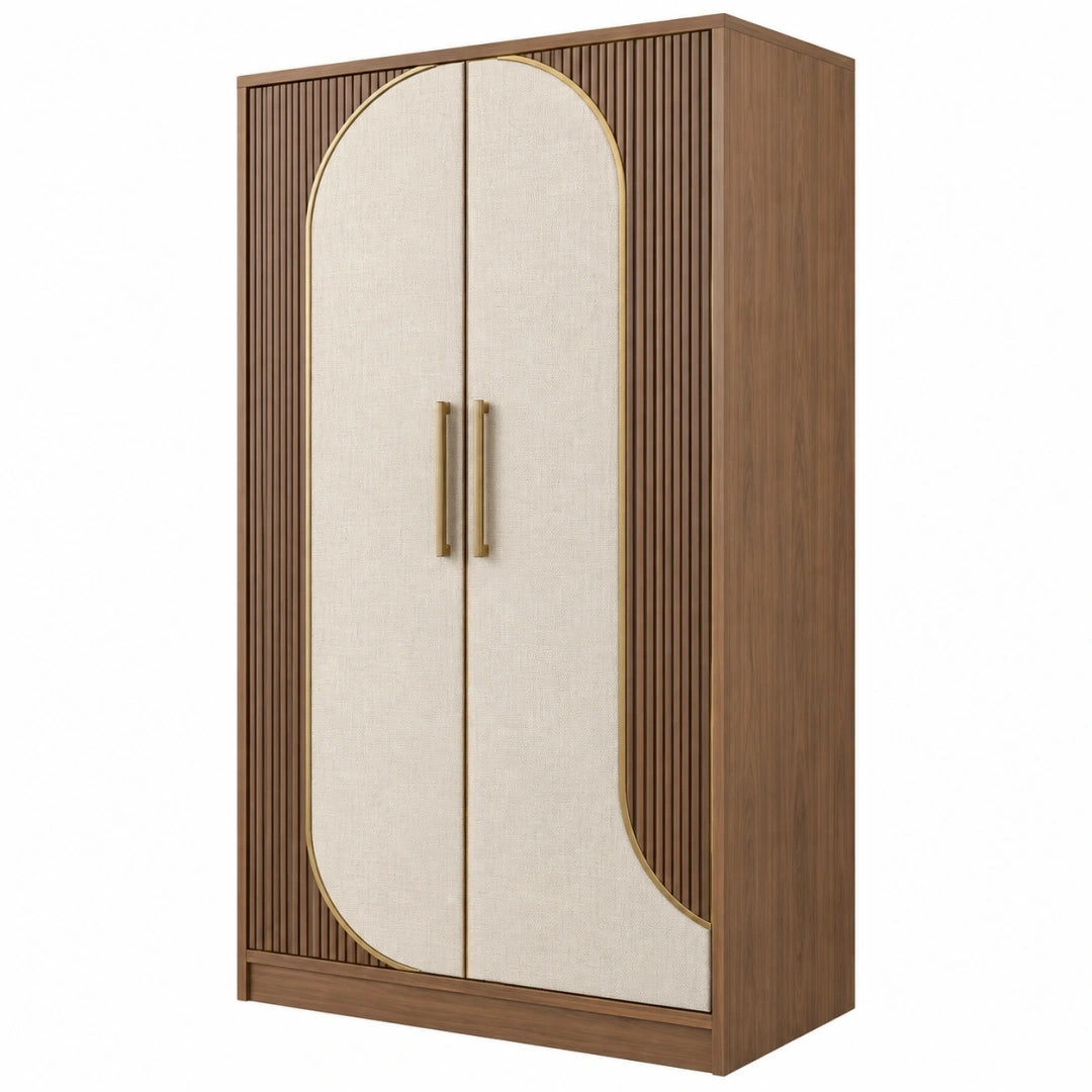 Armoire 100 x 55 x 200 cm en panneaux aspect bois brun et tissu beige à 2 portes style contemporain