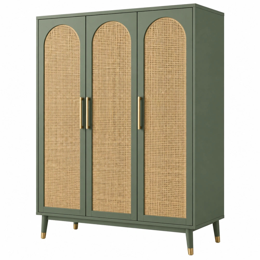 Armoire 120 x 55 x 180 cm en bois vert sauge et cannage naturel - rangement style rétro
