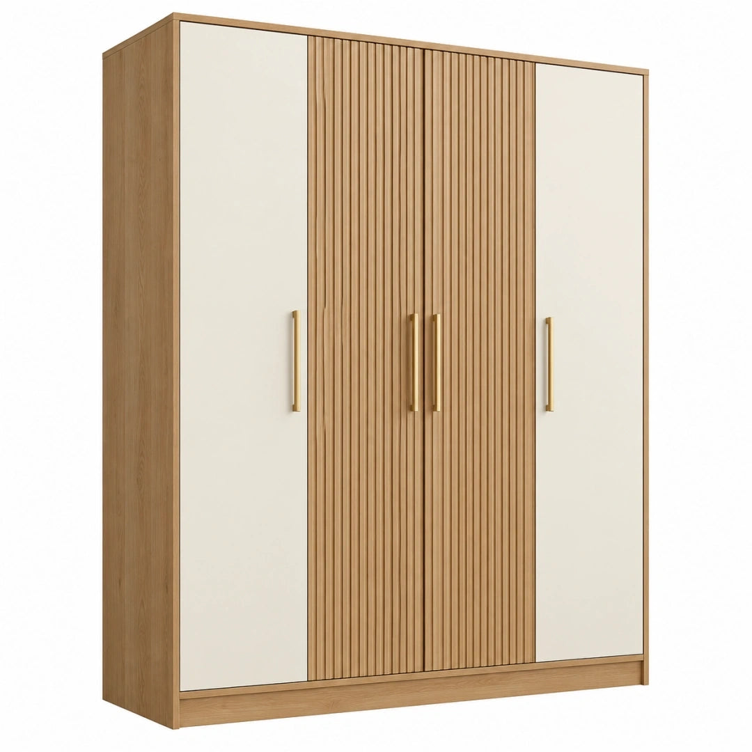 Armoire 180 x 60 x 200 cm en panneaux de bois chêne naturel et blanc à 4 portes style contemporain