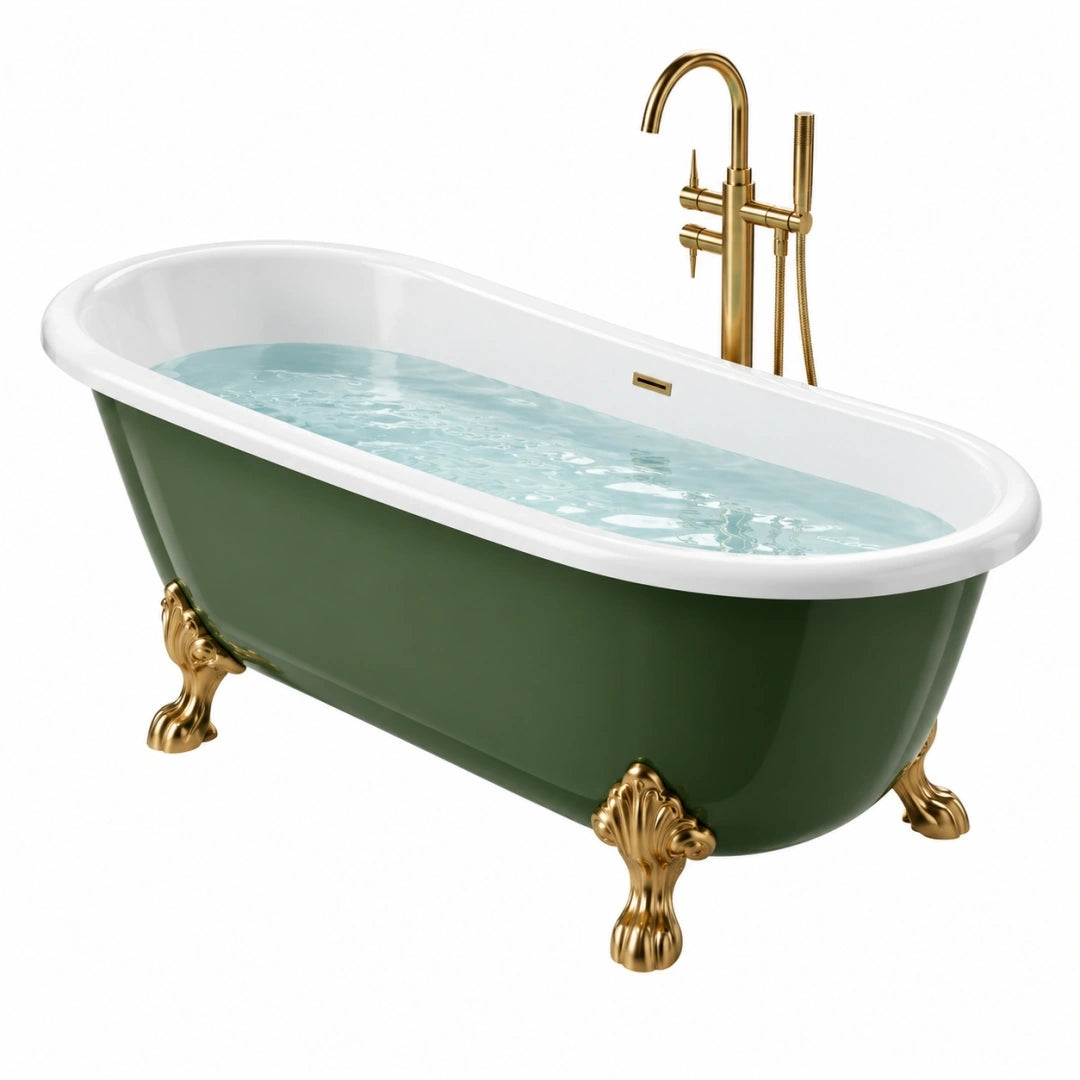 Baignoire îlot 170 cm en acrylique vert avec pieds dorés style classique