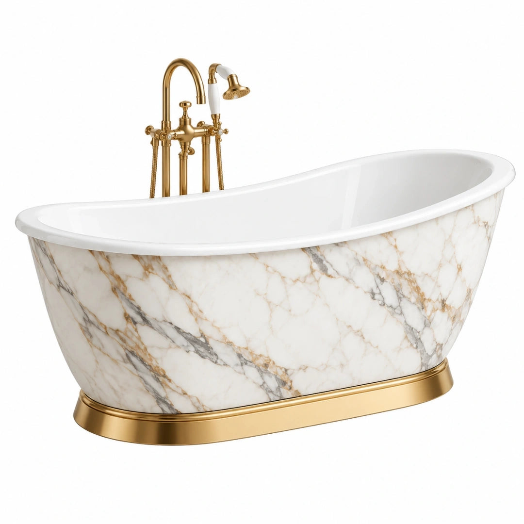 Baignoire îlot 170 x 80 x 60 cm effet marbre blanc et doré style classique