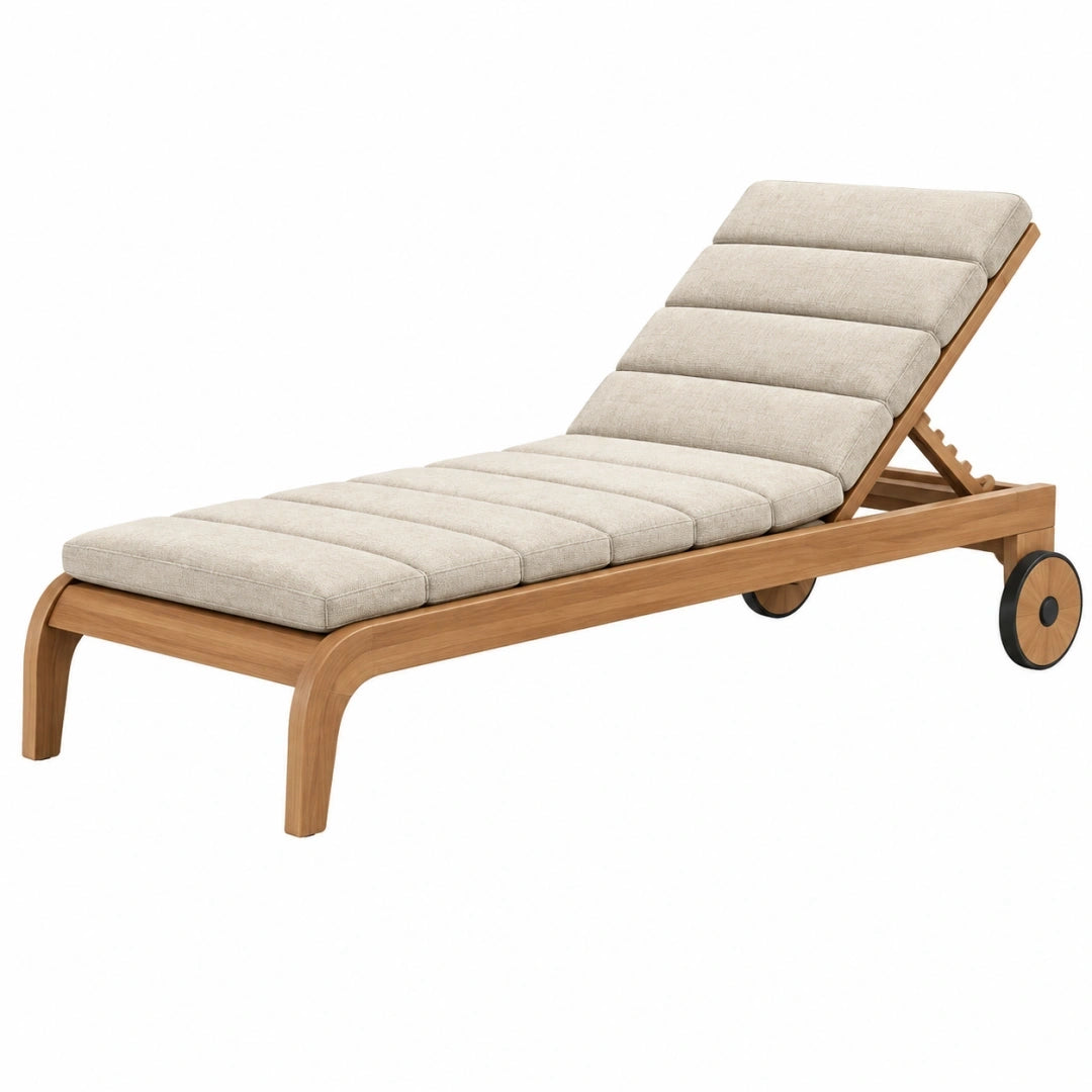 Chaise longue de jardin 200 x 70 cm en bois beige avec dossier réglable et roulettes