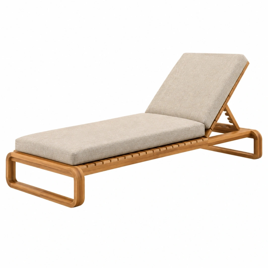 Chaise longue de jardin 200 x 70 cm en bois naturel et tissu beige avec dossier réglable