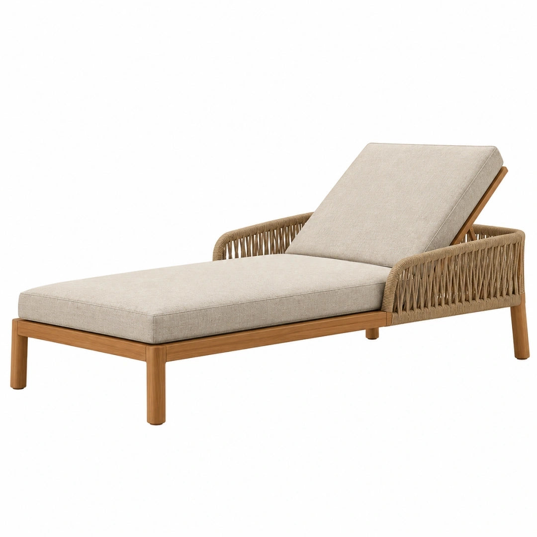 Chaise longue de jardin 200 x 75 x 85 cm en bois et corde beige avec dossier incliné
