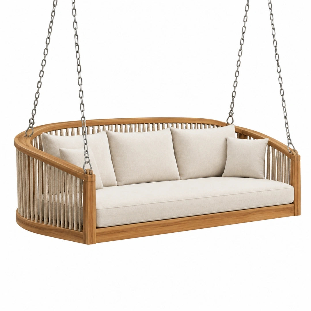 Canapé suspendu 180 x 75 x 75 cm en bois et corde beige naturel pour extérieur style bohème