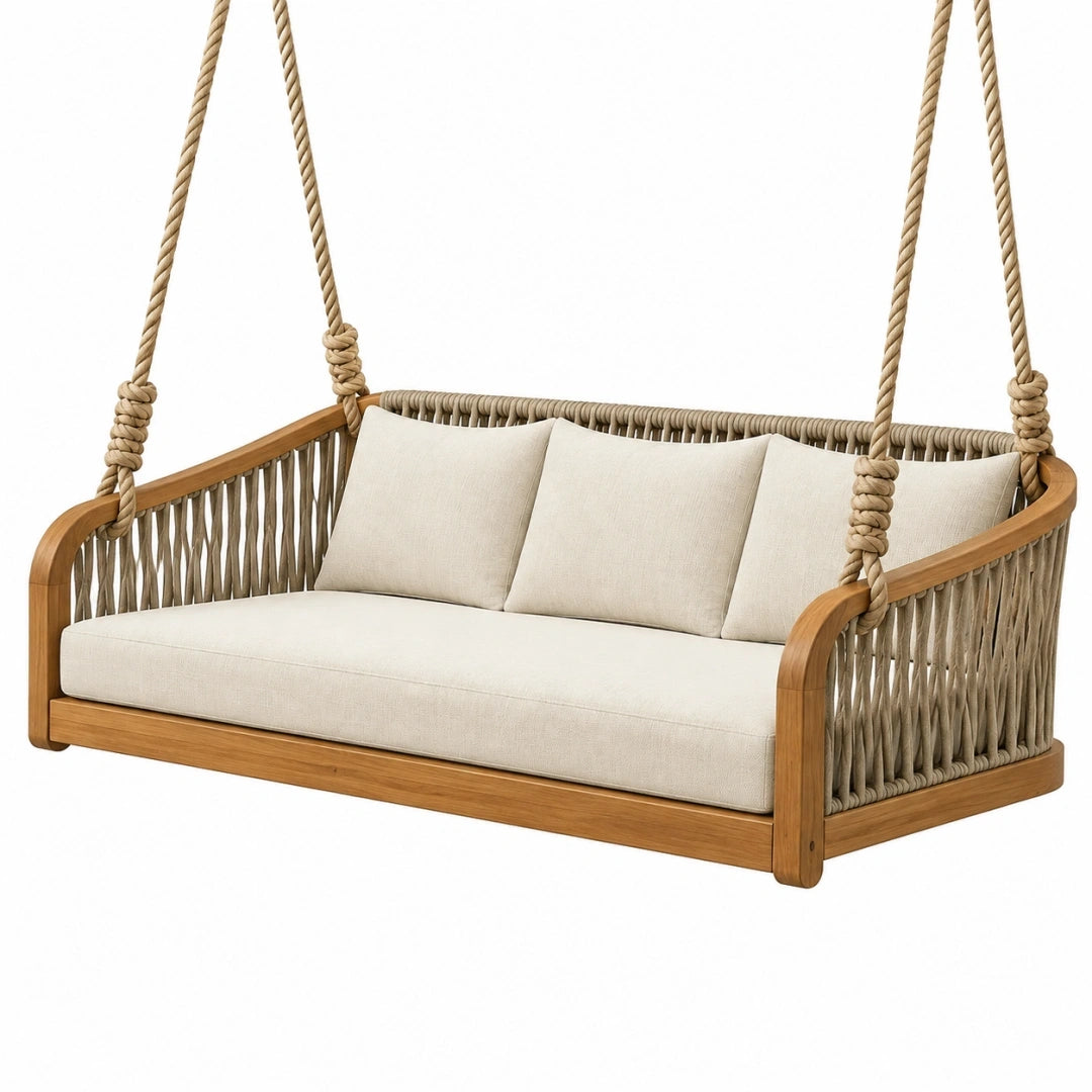 Banquette suspendue de jardin 160 x 75 x 65 cm en bois et corde beige style naturel