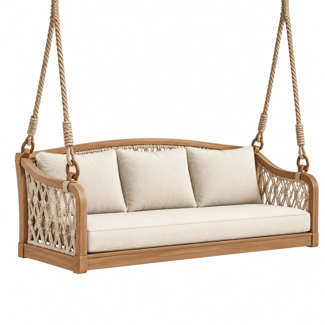 Balancelle suspendue 150 x 70 x 65 cm en bois et corde beige style bohème
