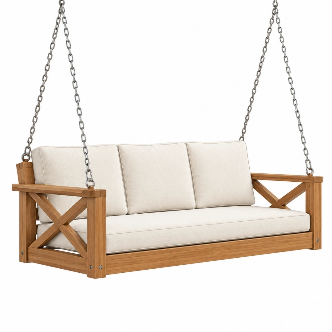Balancelle de jardin 190 x 70 x 65 cm en bois naturel et textile écru - suspendue 3 places
